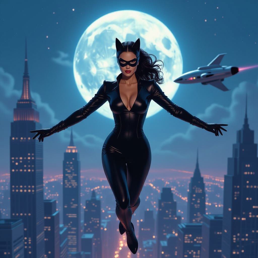 Catwoman Flies over Cyberpunk Cityscape