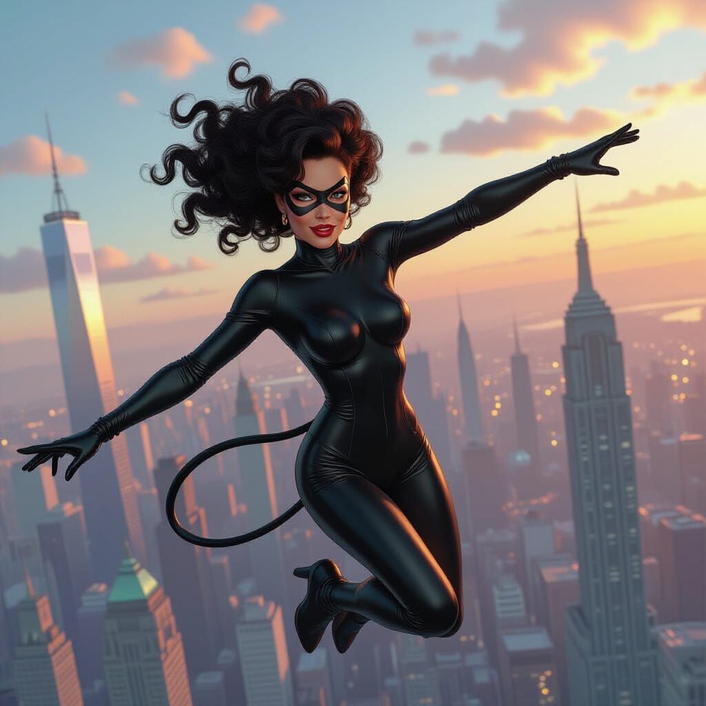 Catwoman Flies Over City in Afrofuturist Comic Style