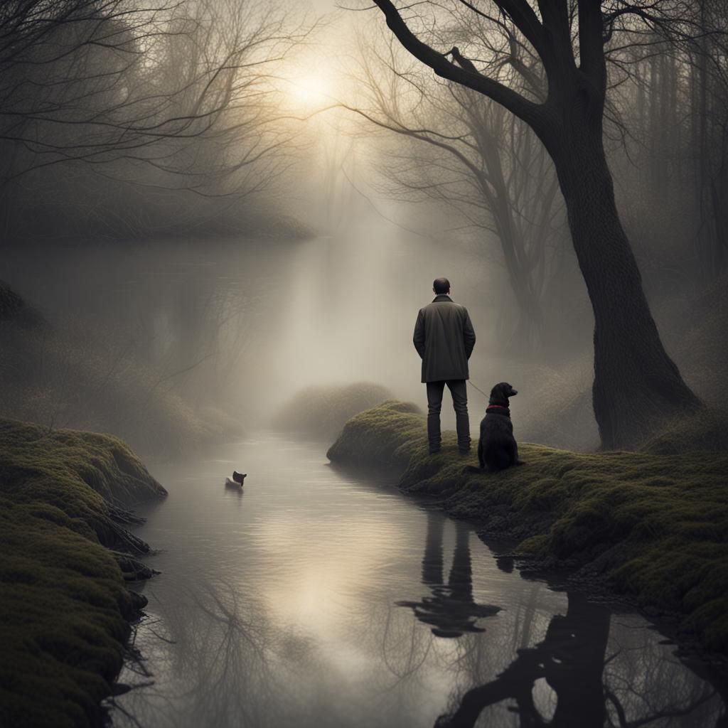 Misty Dawn Wooded Landscape with Man and Dog
