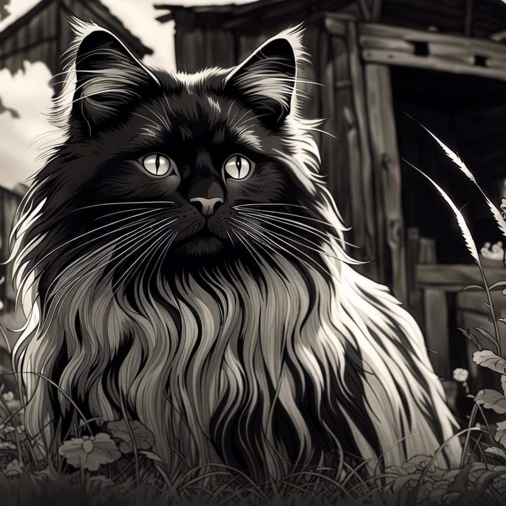 Chibified Longhaired Cat Near Old Farm