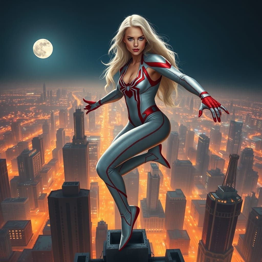 Heroic Spider-Woman Leaping Across City Skyscrapers
