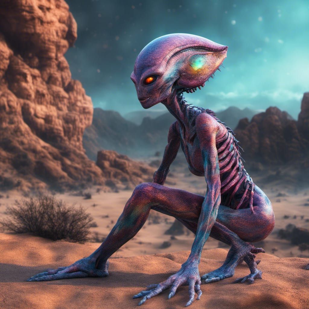 Hyperrealistic Female Alien in Detailed Landscape