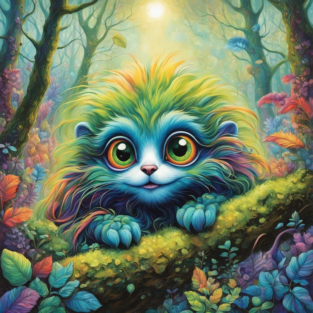 Whimsical Moss Creature Peers Out from Foliage