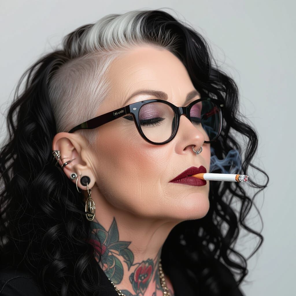 Middle-Aged Woman Portrait with Tribal Tattoo and Black Lips...