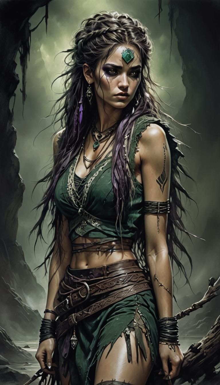 Beautiful Shaman in Shadows: Luis Royo Style Drawing