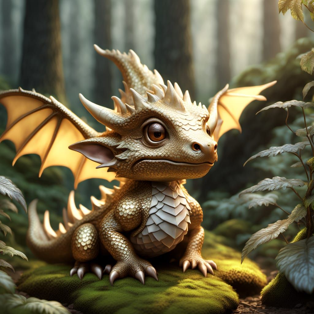 Small Dragon in Misty Forest: 3D Render