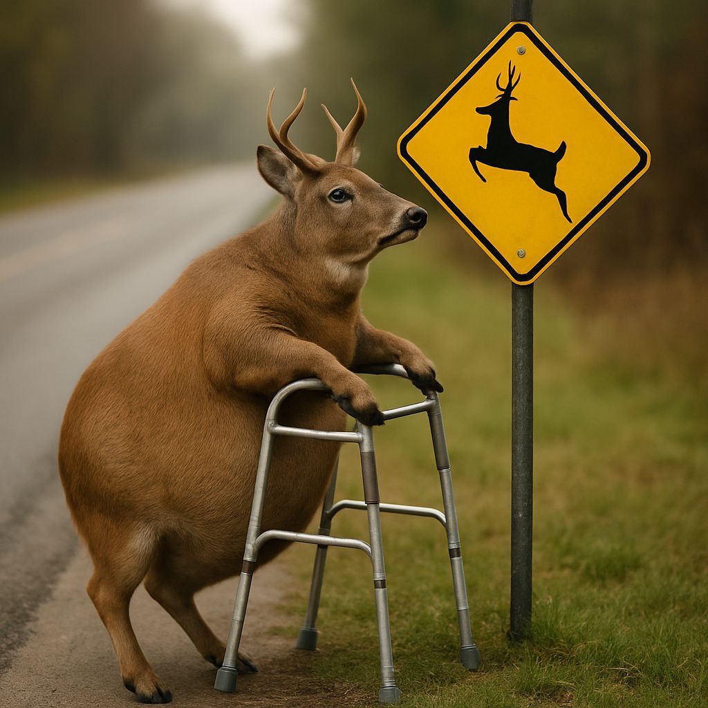 Humorous Overweight Deer at Crossing Sign