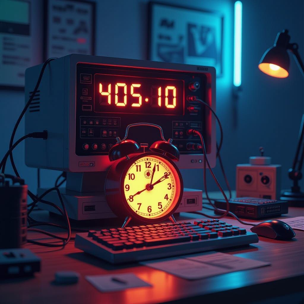 Retro-Futuristic Desk with Urgent Alarm Clock