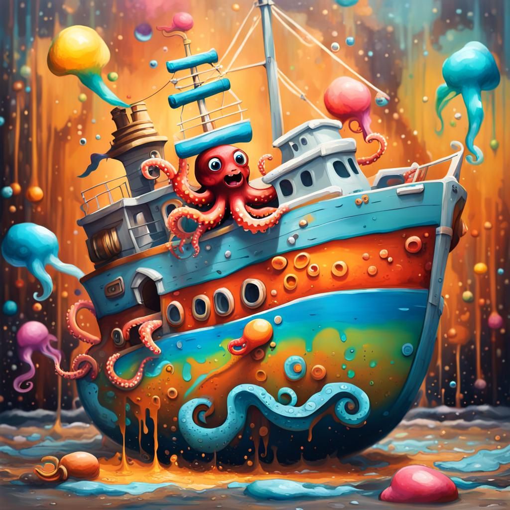 Excited Octopus and Toy Ship in Graffiti Art
