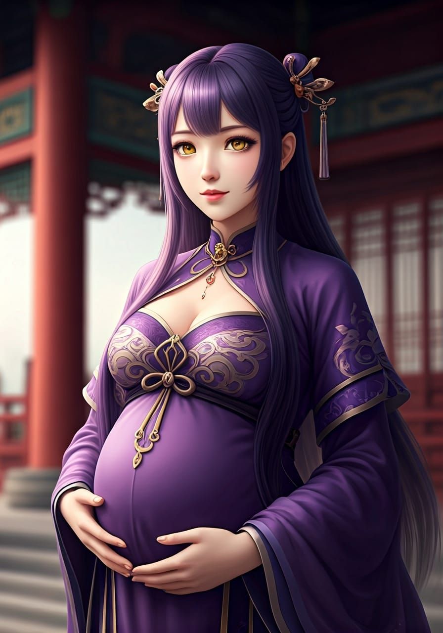 Pregnant Woman in Ancient Chinese Dress, 3D Anime Art