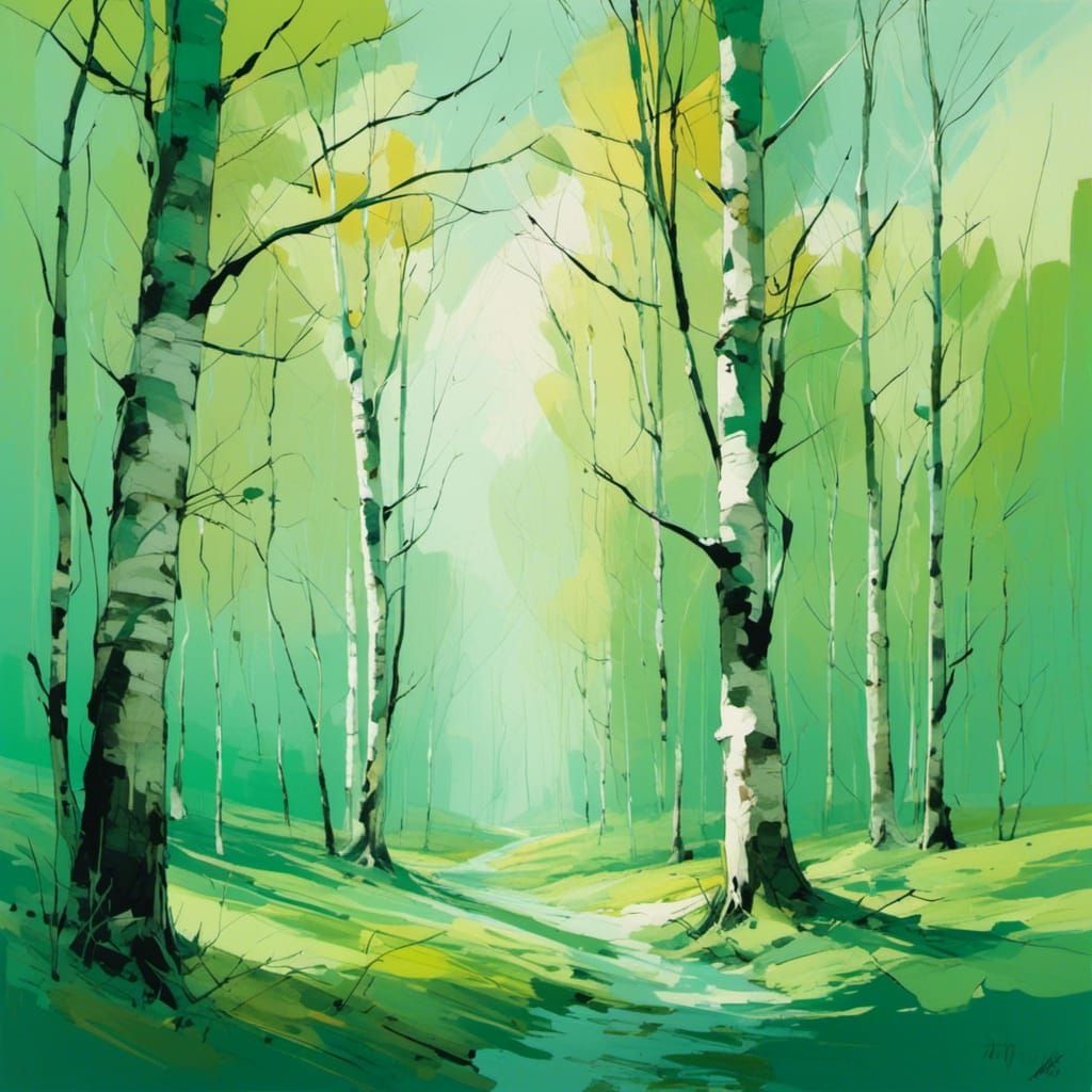 Pastel Green Birch Spring Landscape in 3D Style