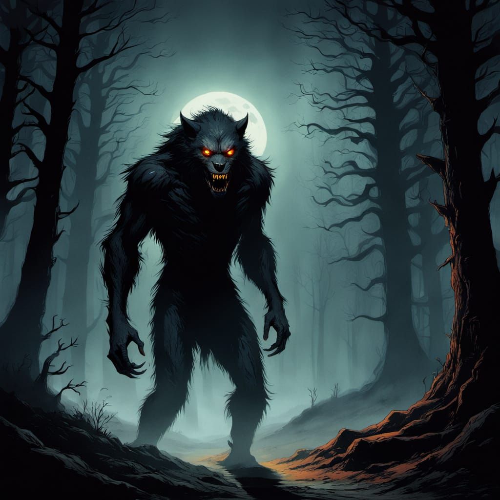 Fierce Werewolf in Dark Forest: Film Noir Digital Art