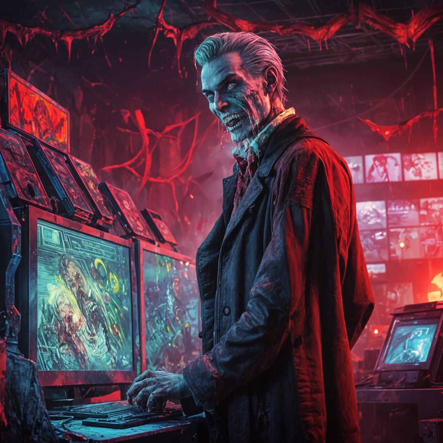 Ethereal Gentleman Vampire Engrossed in Cyberpunk Night