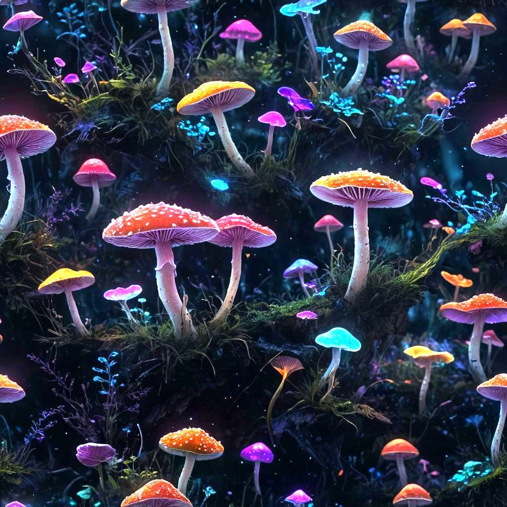 Rainbow Mushrooms: Holographic Astral Cosmic Illustration