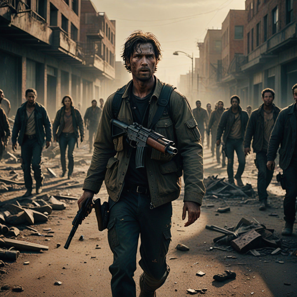 Survivor Fleeing Zombies in Desolate Post-Apocalyptic Citysc...
