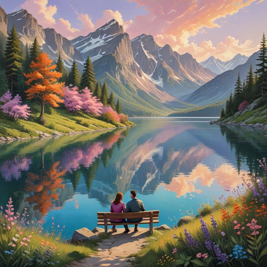Surreal Mountain Lake Romance in Warm Golden Light