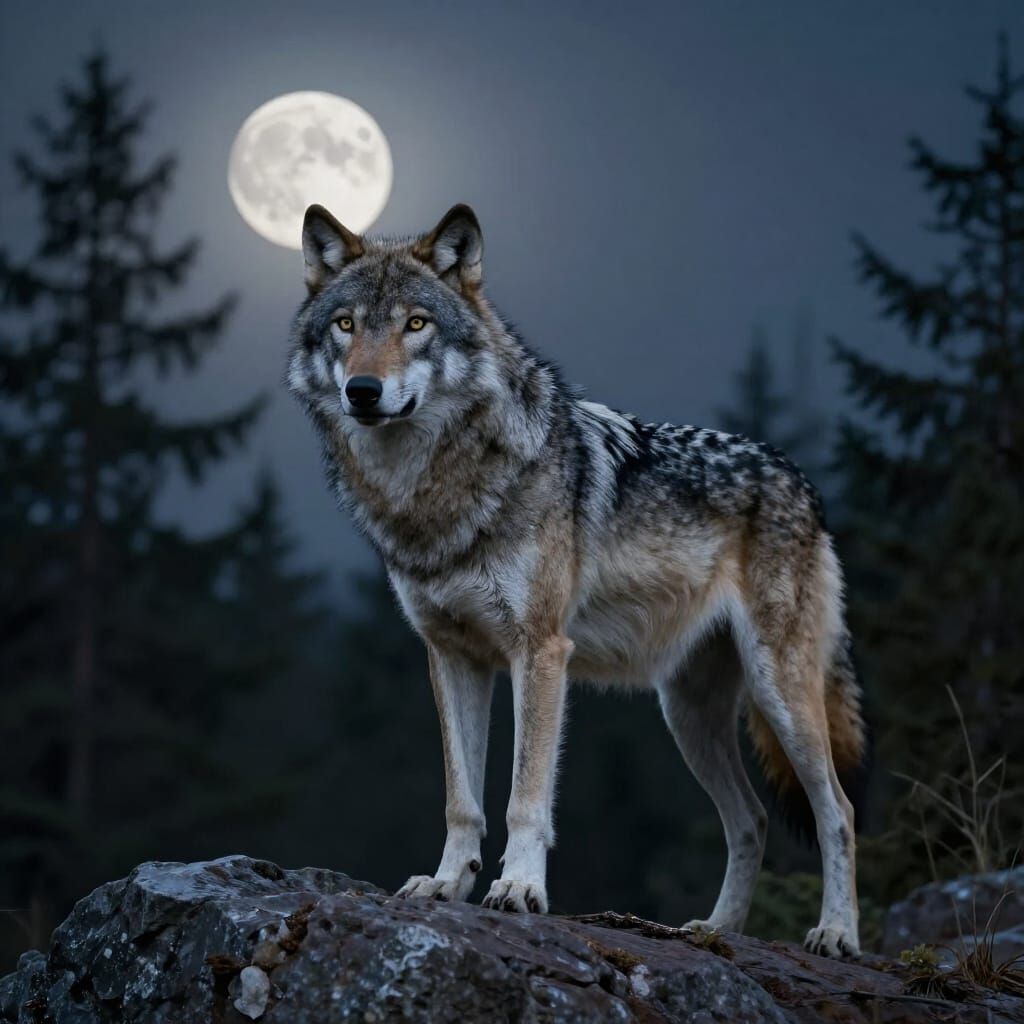 Majestic Gray Wolf Under Full Moon