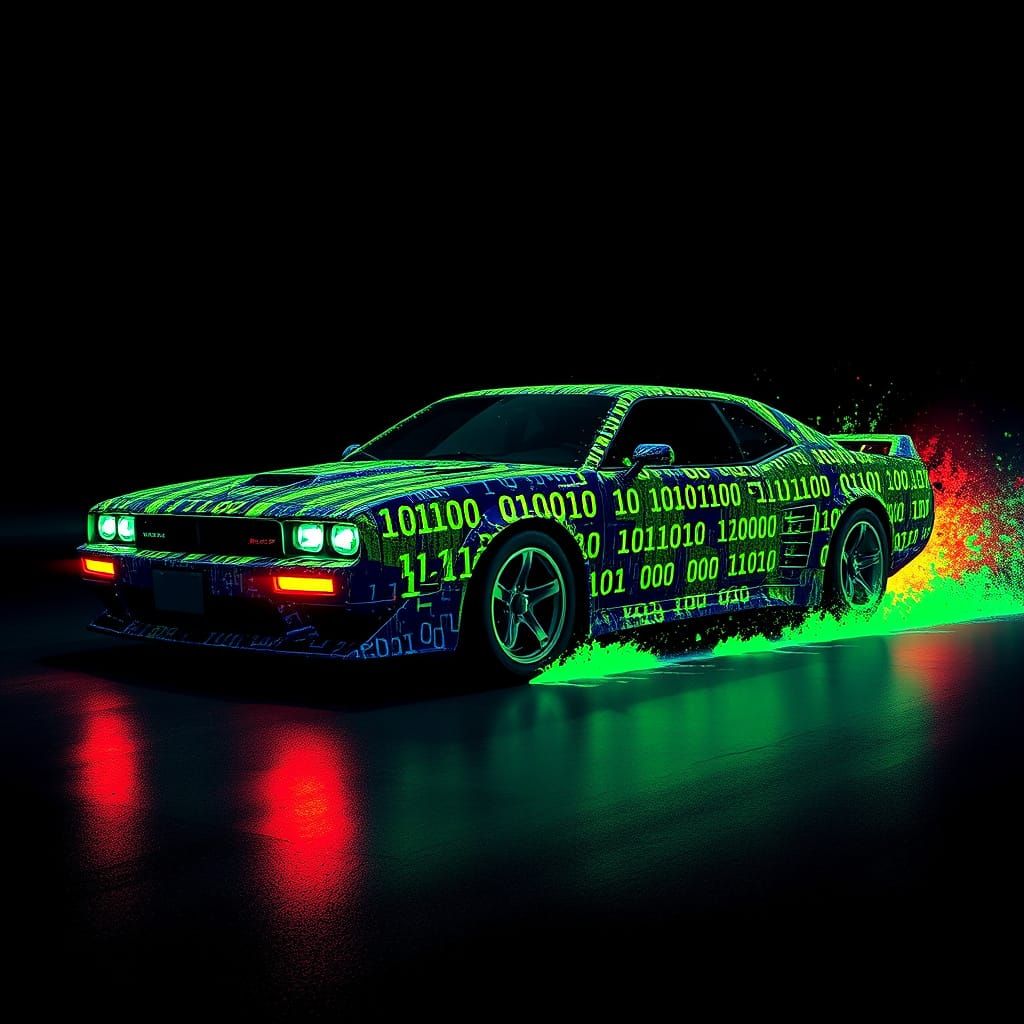 Car Made of Binary Code Emerges on Dark Background