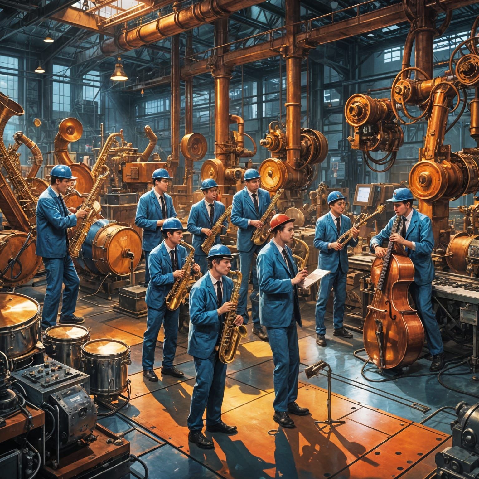 Jazz Band Performs in Factory, Anime Style