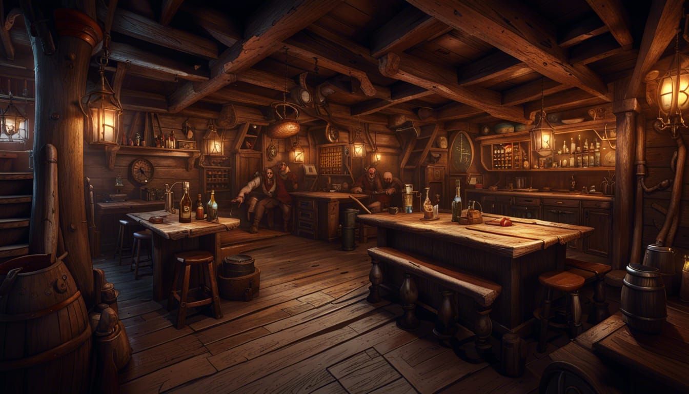 Detailed Pirate Tavern Scene in Dark Fantasy Style
