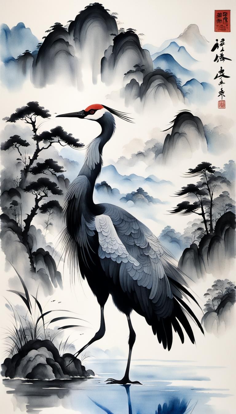 Elegant Crane in Sumi-e Ink Wash Style