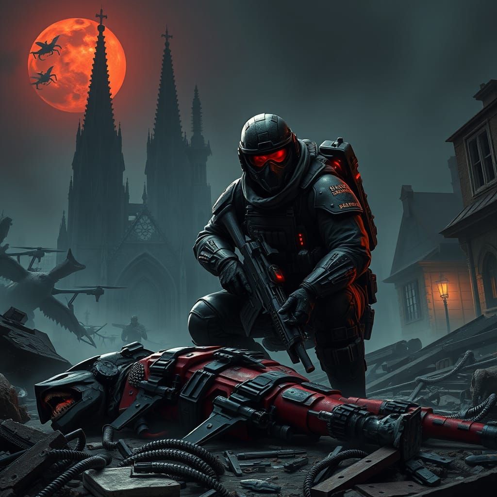 Hyper-Realistic Soldier in Gothic Battlefield at Night