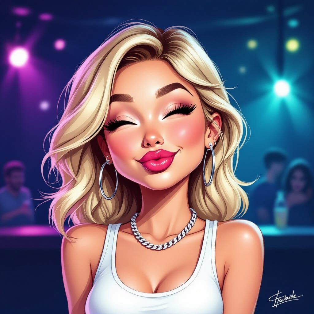 Cheeky Blond Girl Caricature with Playful Expression