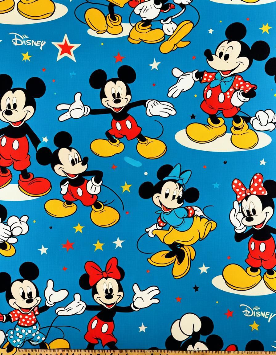 1970 Vintage Walt Disney Productions CARNIVAL Fabric featuring Mickey & Minnie Mouse Donald Duck and Goofy