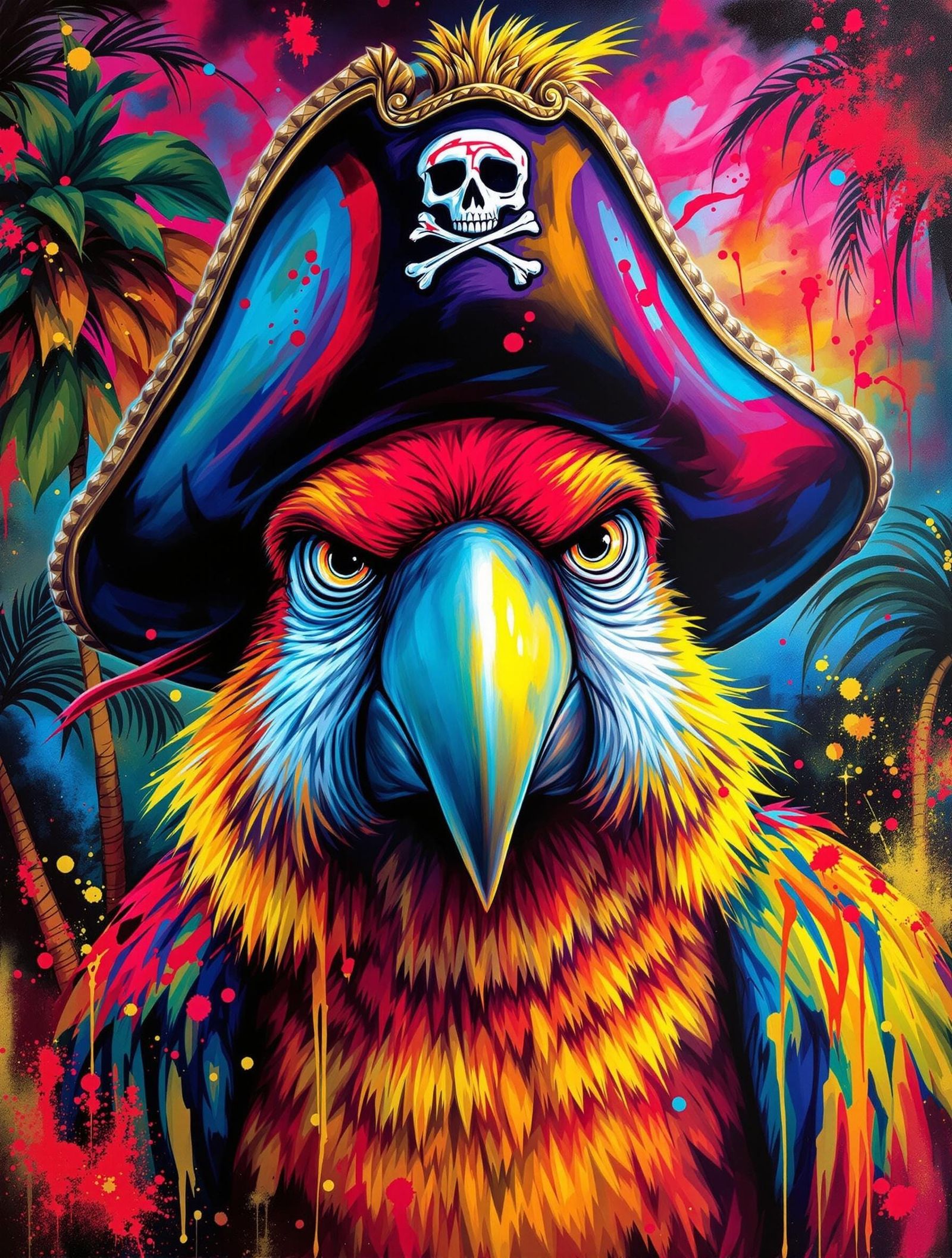Irritable Parrot with Pirate Hat in Lowbrow Airbrush Style