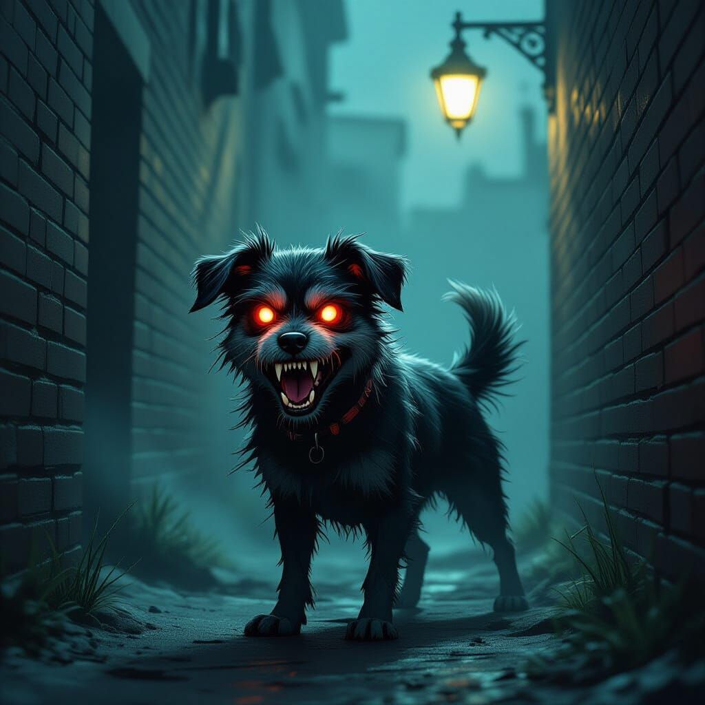 Menacing Dog in Dark Alleyway with Glowing Red Eyes