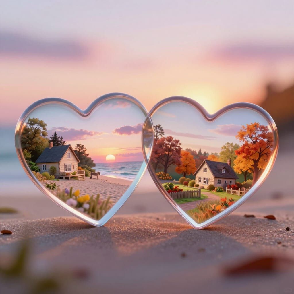 Enchanting Double Exposure of Two Glass Hearts
