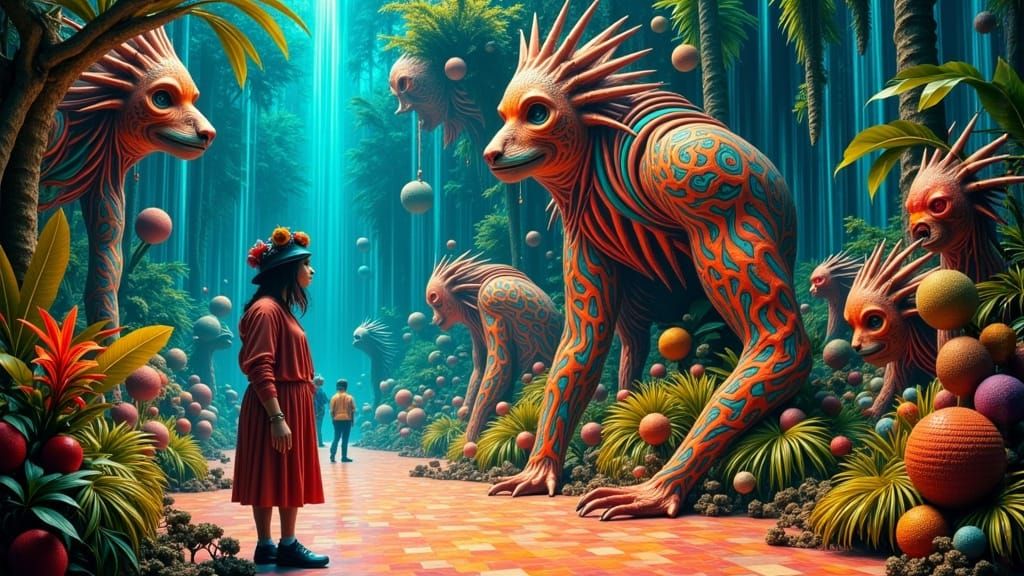 Surreal Tropical Circus Scene with Fantastical Creatures