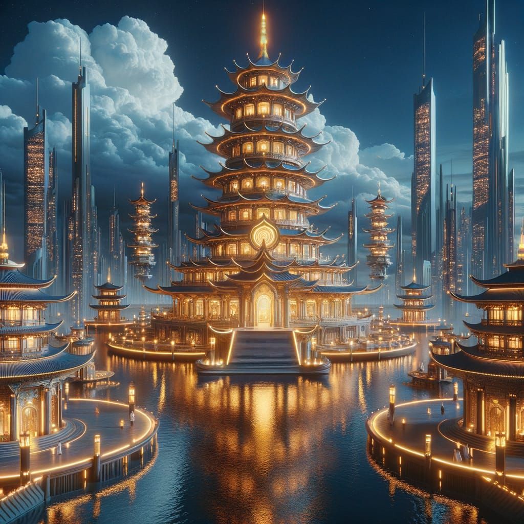 Futuristic Pagoda Temple Complex at Night