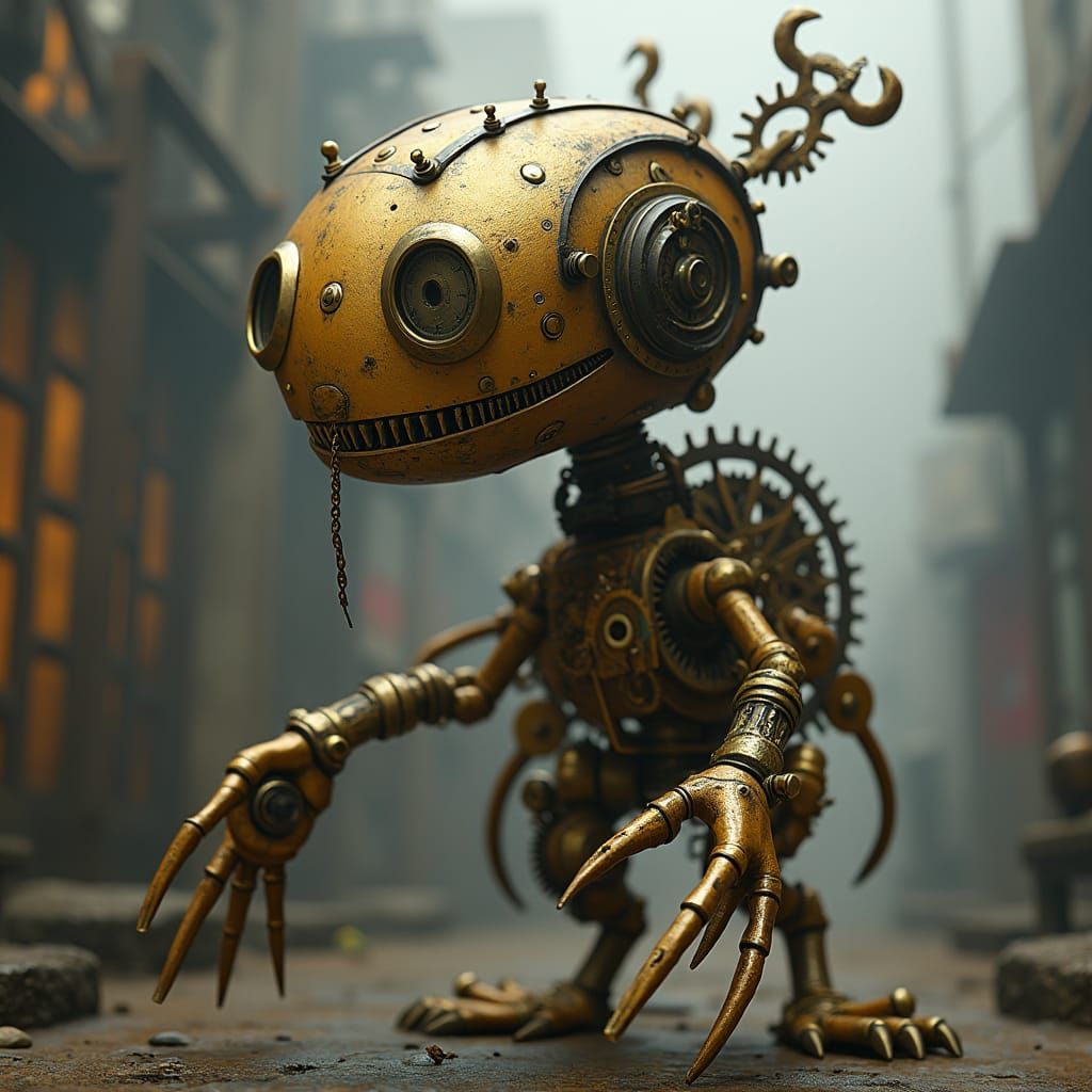 Steampunk Clockwork Creature in Industrial Setting