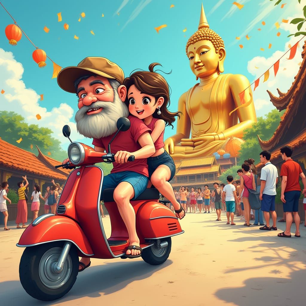 Cartoon Scooter Ride with Thai Festival Scene