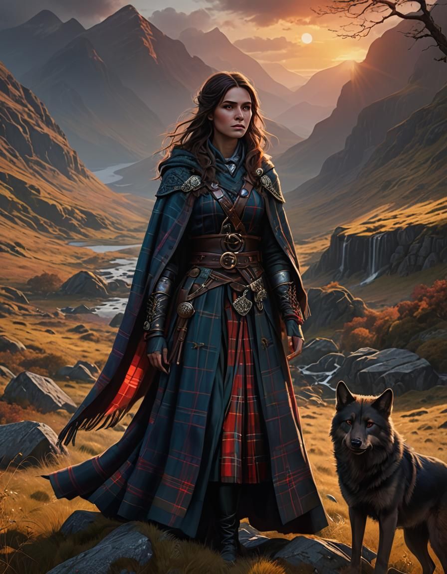 Celtic Tartan War-Wolf in Romantic Sunset Scene