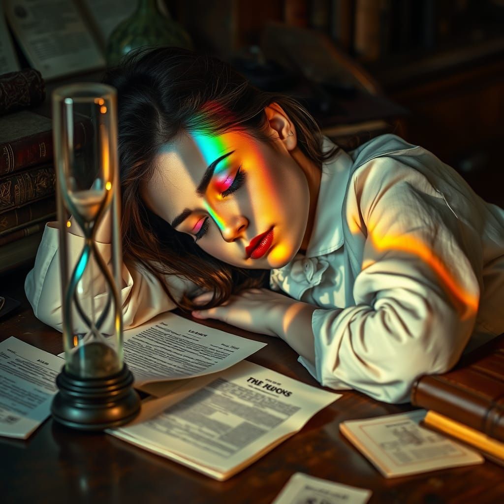 Rainbow Shadows: A Hyperrealistic Hourglass Scene