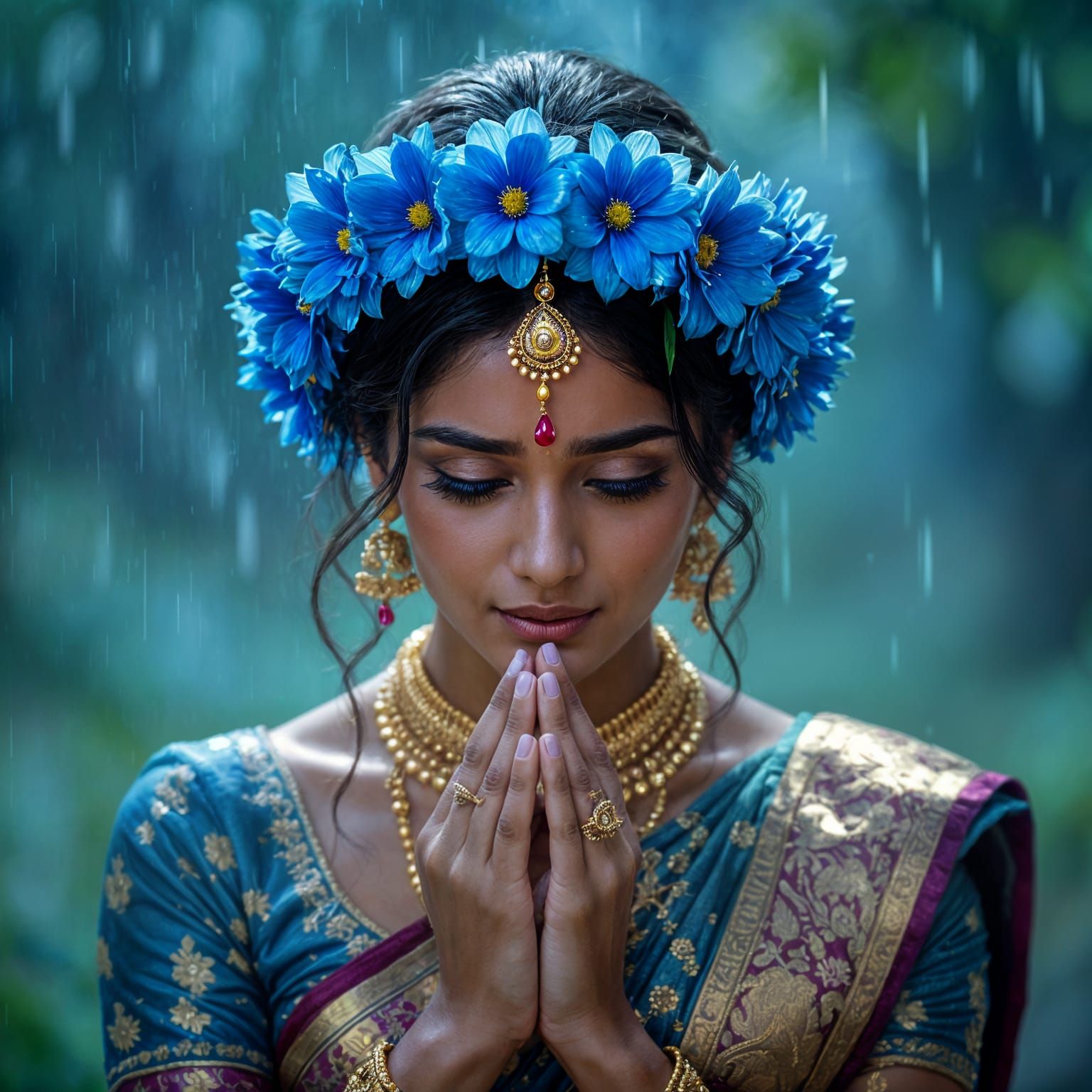 Majestic Indian Woman with Flower Crown in Gentle Rain