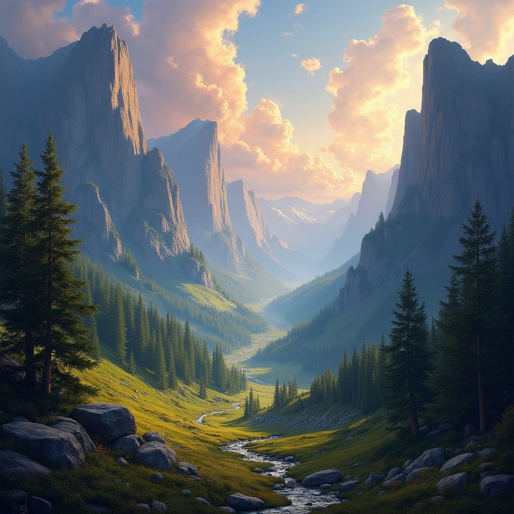 Magical Valley Landscape in Comic Book Art Style