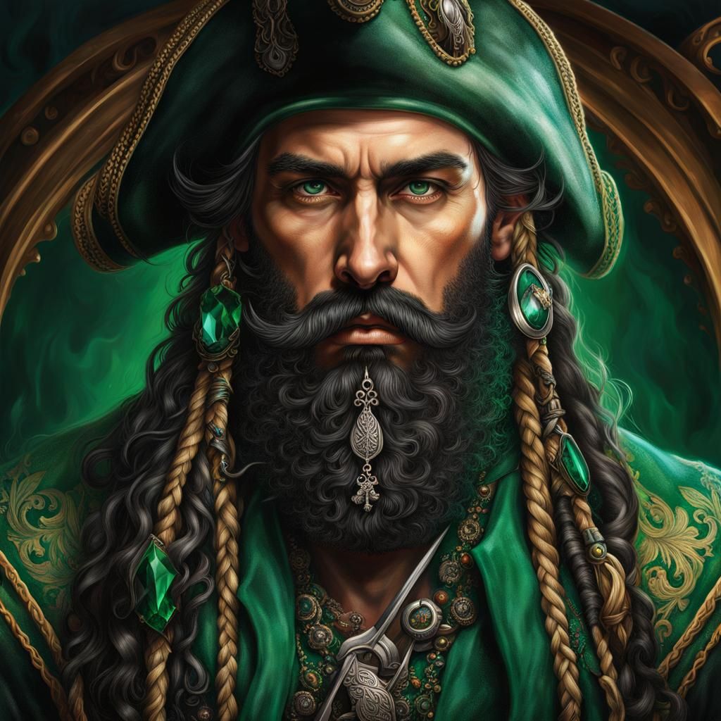 Pirate Lord Portrait with Emerald Beard: Hyperrealistic Art