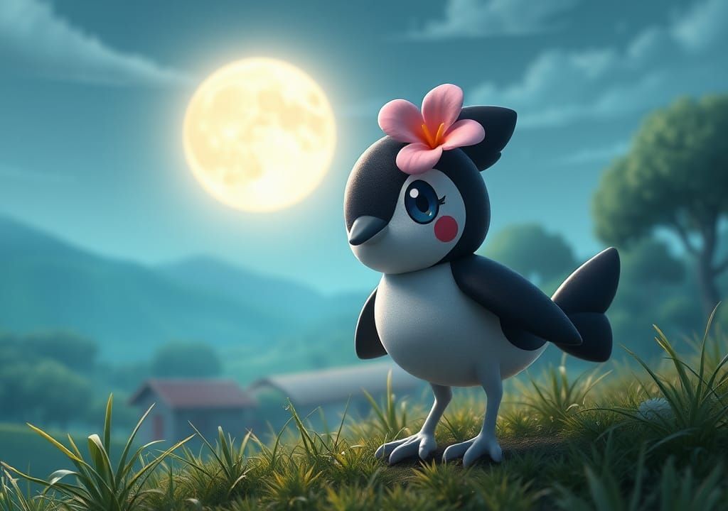 Adorable Fish-Bird Fakemon in Moonlit Countryside