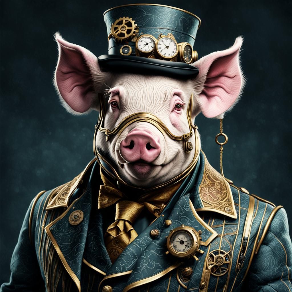 Steampunk Pig in Winter Outfit with Gold Details