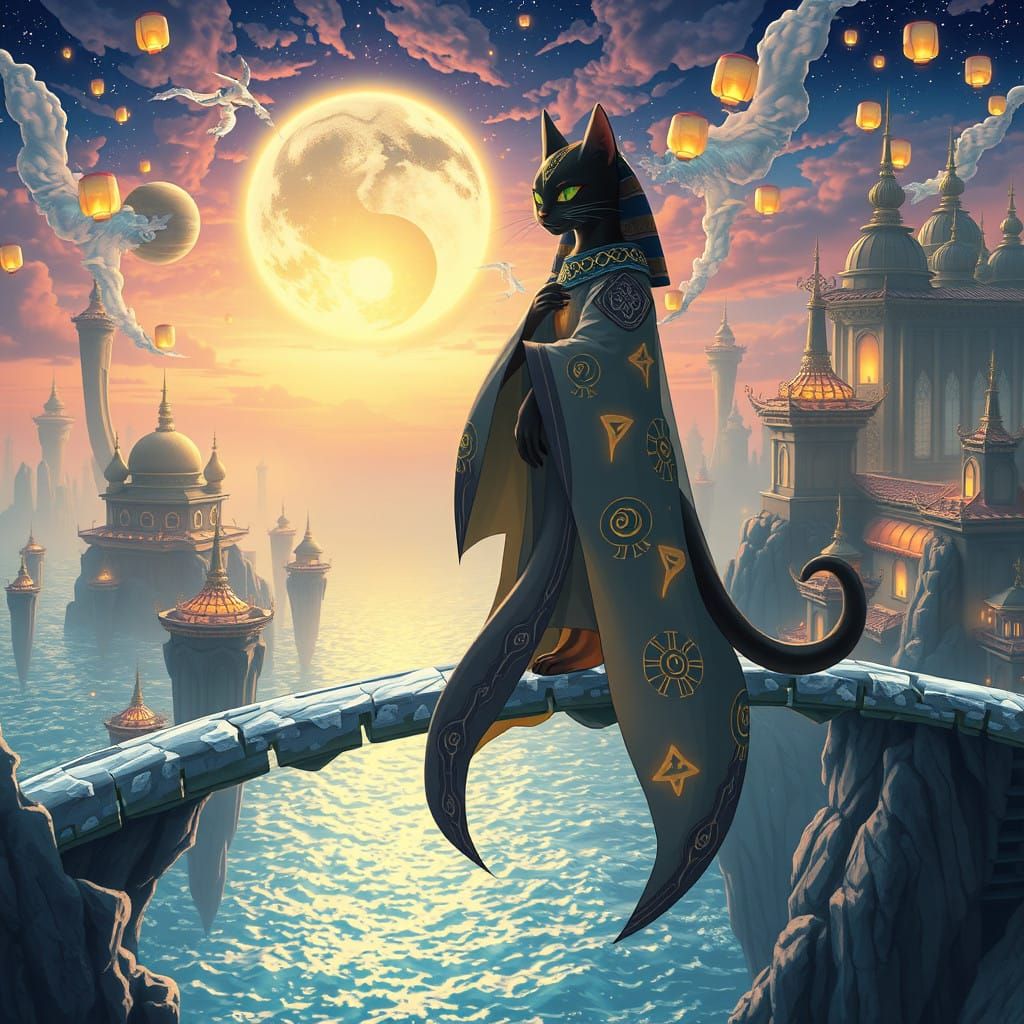 Surreal Cityscape with Mystical Sphinx Cat