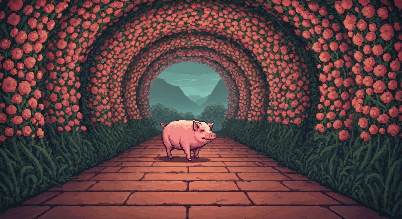 Pixel Art Pig Navigates Flower Tunnel In Moody Gaming Scene