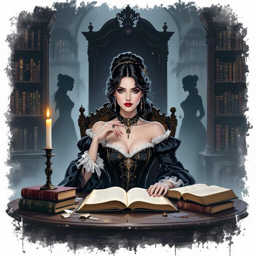 Mystical Woman in Antique Midnight Library