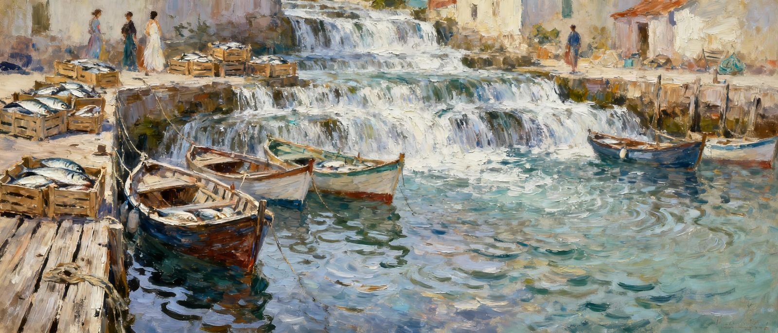 Boats in Harbour Painting: Cascading Fishing Town
