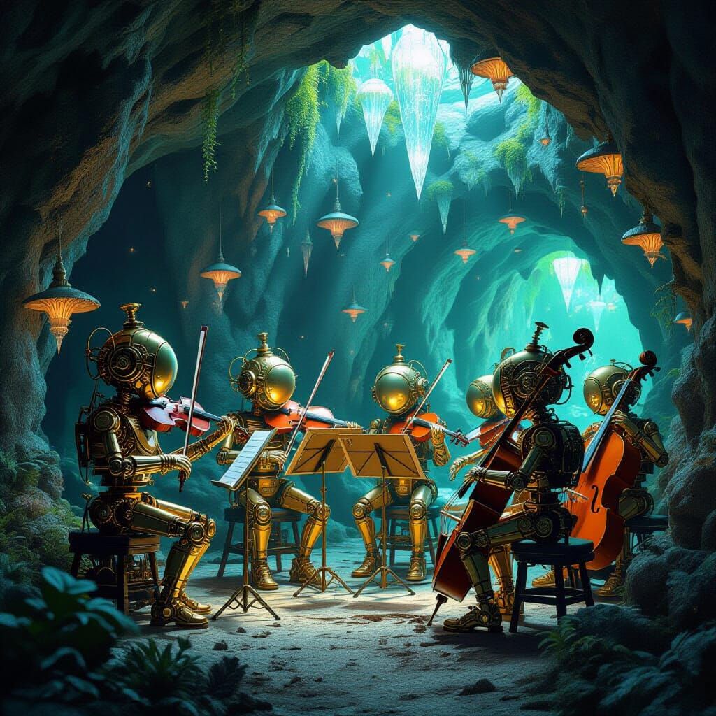 Automaton Orchestra in Bioluminescent Cavern: Steampunk Fant...