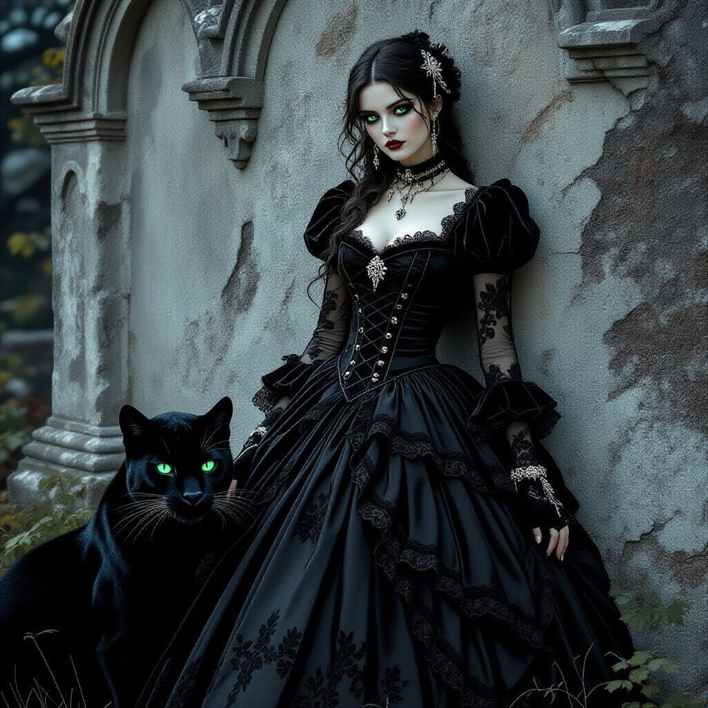 Gothic Girl and Panther in Moonlit Graveyard