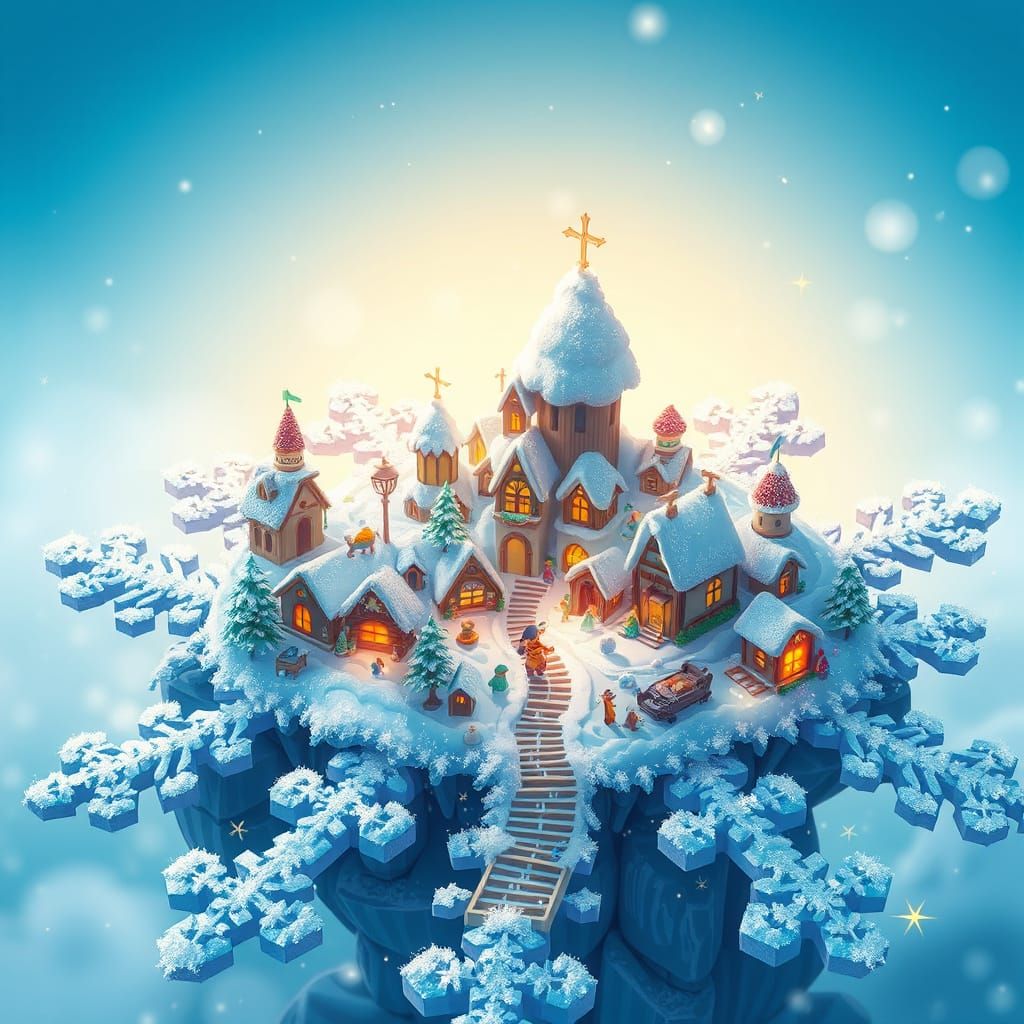 Whimsical Snowflake Village in Vibrant Anime Style