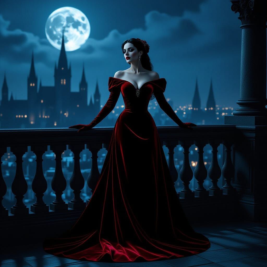 Elegant Vampire on Moonlit Balcony, Gothic Cityscape